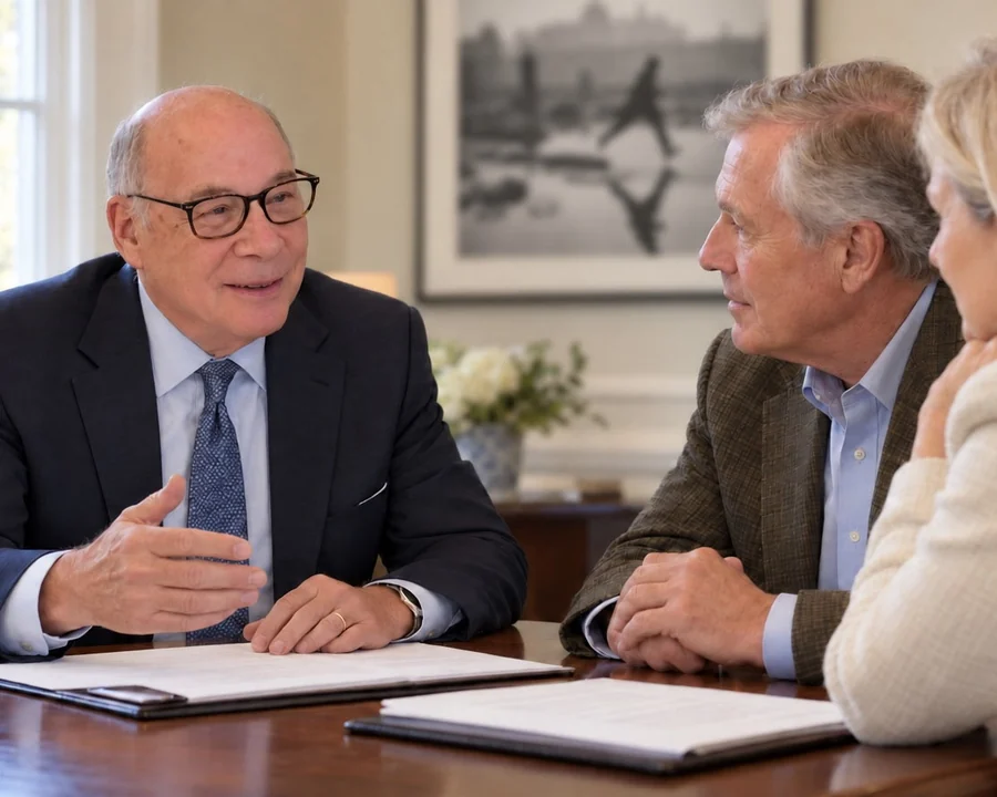 Michael R. Friedberg at a table with two clients, a man and a woman, explaining a point